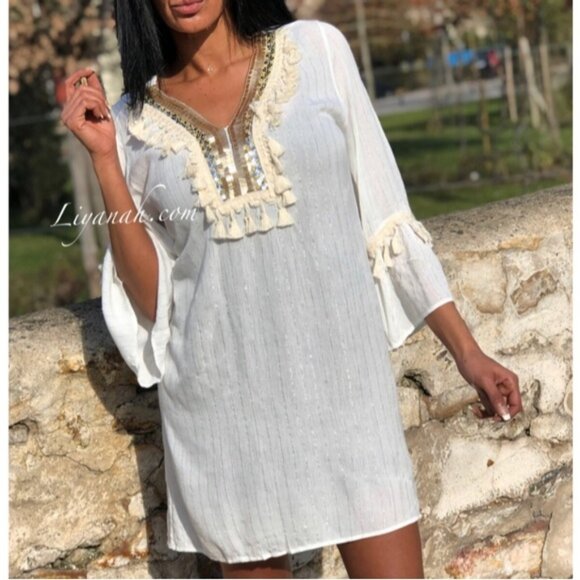 Ciao Milano Dresses & Skirts - CIAO MILANO Boho Tassel Tunic Shift Dress Flare Sleeve Tassel Metallic Sequin